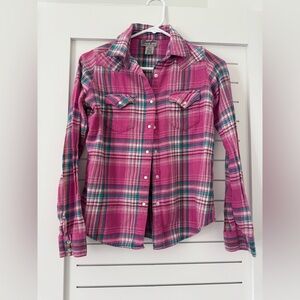Wrangler Flannel Shirt Women’s Small Pink/White Boyfriend Fit Retro Snap Plaid